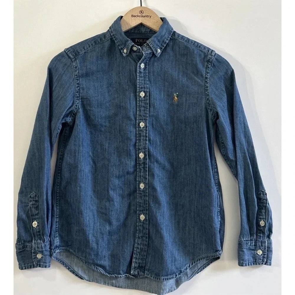 Boys Girls Polo Ralph Lauren Western Blue Denim Button Down Shirt L/S Med 10-12